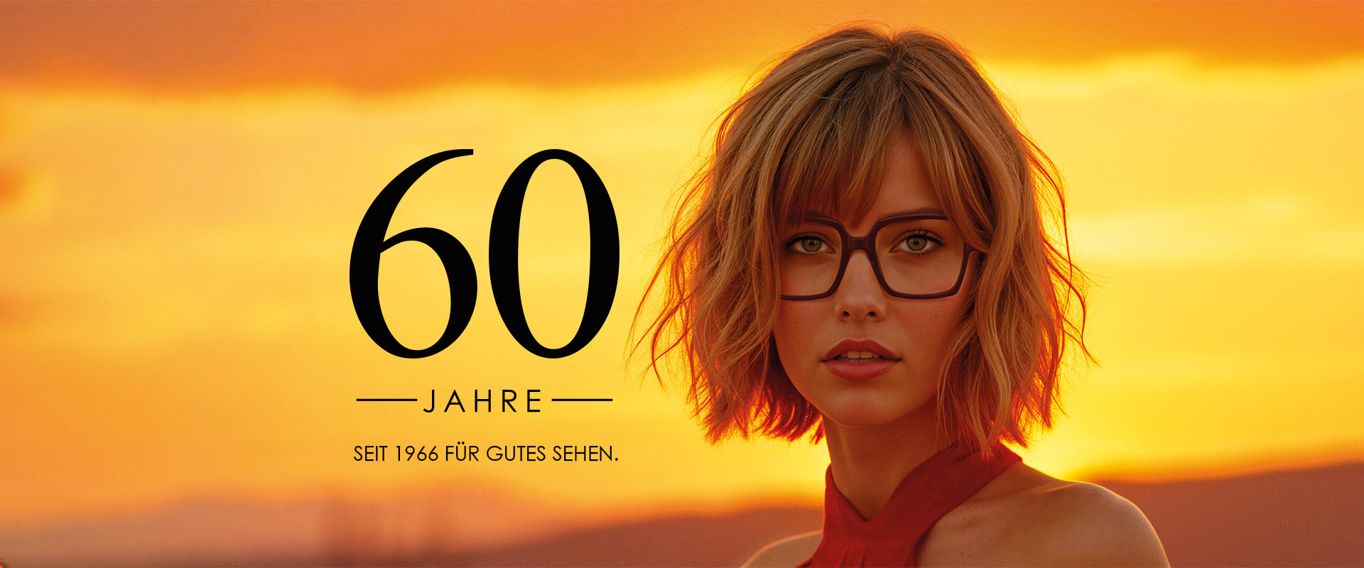 Eine Frau und Info über 60 Jahre Optik Riess in München Schwabing