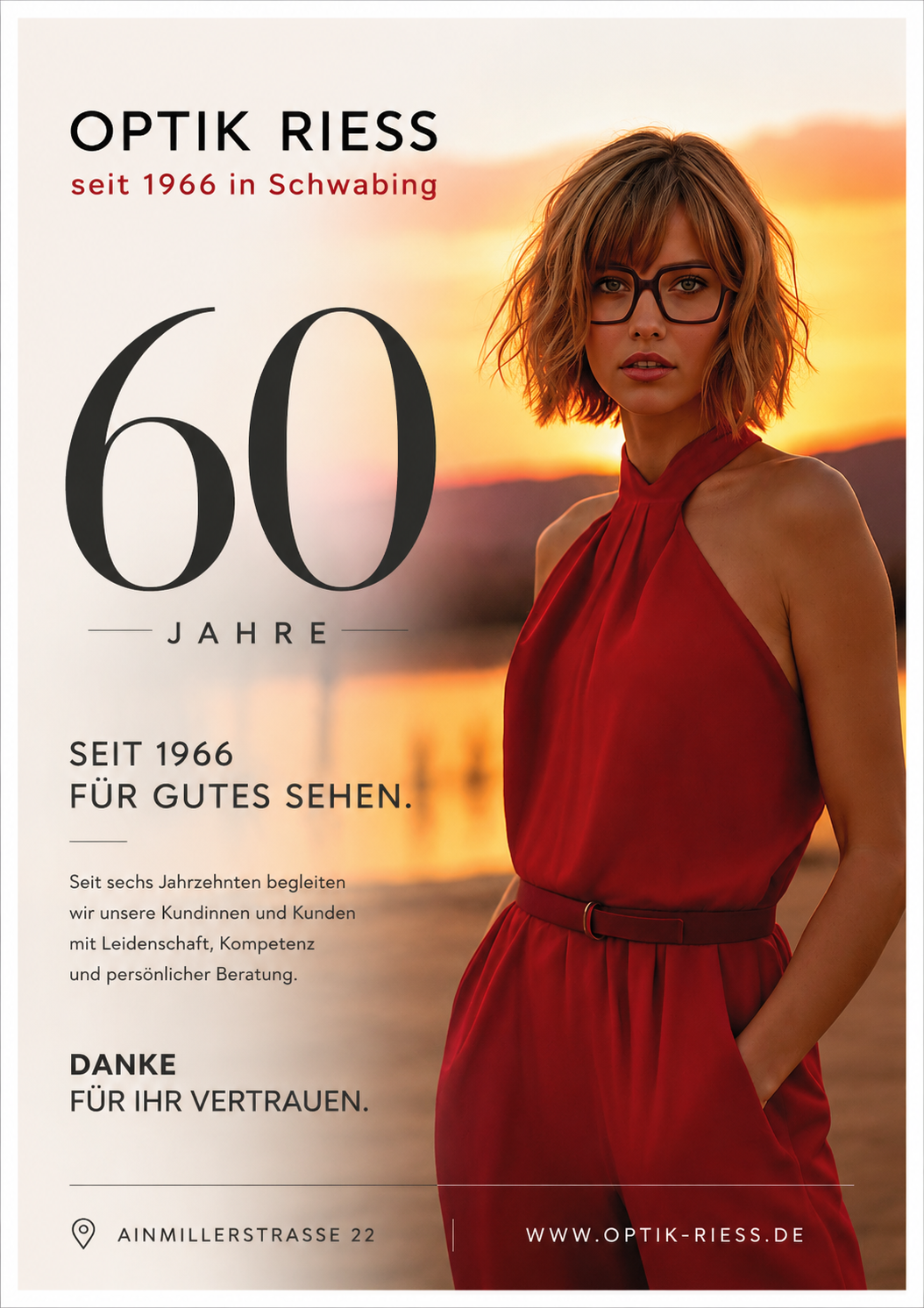 Wir feiern im Oktober unser 60 jähriges Jubiläum. Feiern Sie mit uns! Es gibt 4 Wochen im Oktober hohe Rabatt Aktionen auf Brillengläser und Munic Brillen.